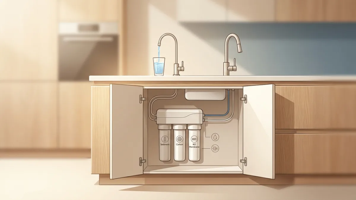 A residential under-sink water filtration system is installed in a kitchen cabinet with a dedicated faucet.