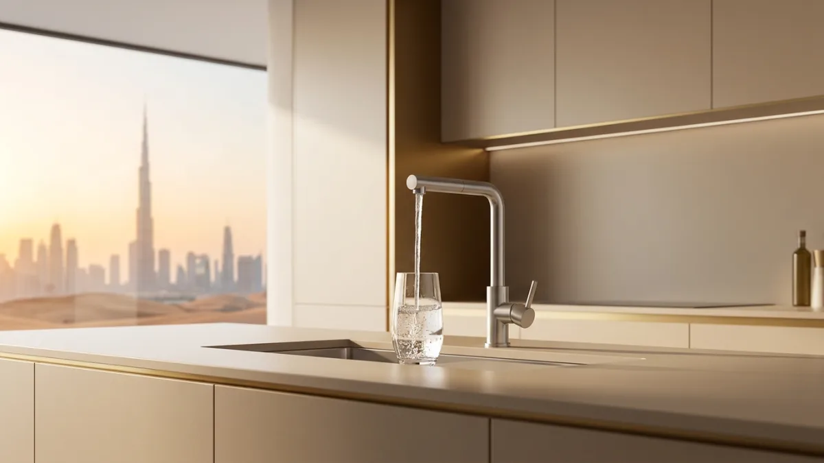 High quality water filter system purifying desalinated tap water in a Dubai residence.