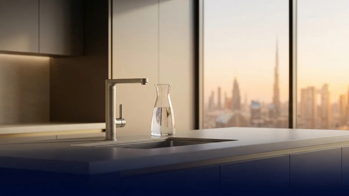 An advanced Aqua Best water filtration system purifying tap water in a modern UAE kitchen.