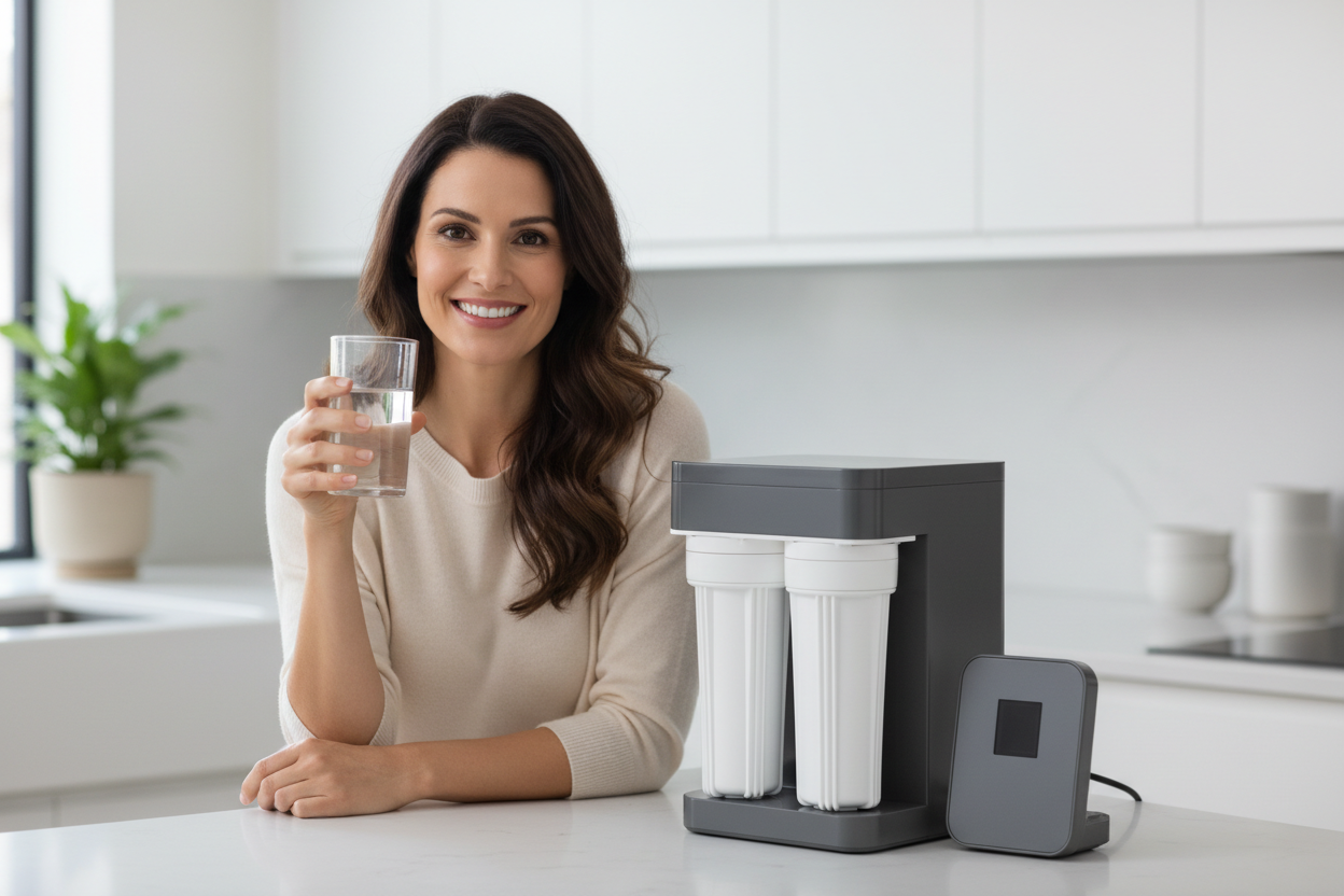 Water Filter Dubai Aqua Best Water Purifier - Woman enjoying clean purified water with water filtration system in Dubai kitchen