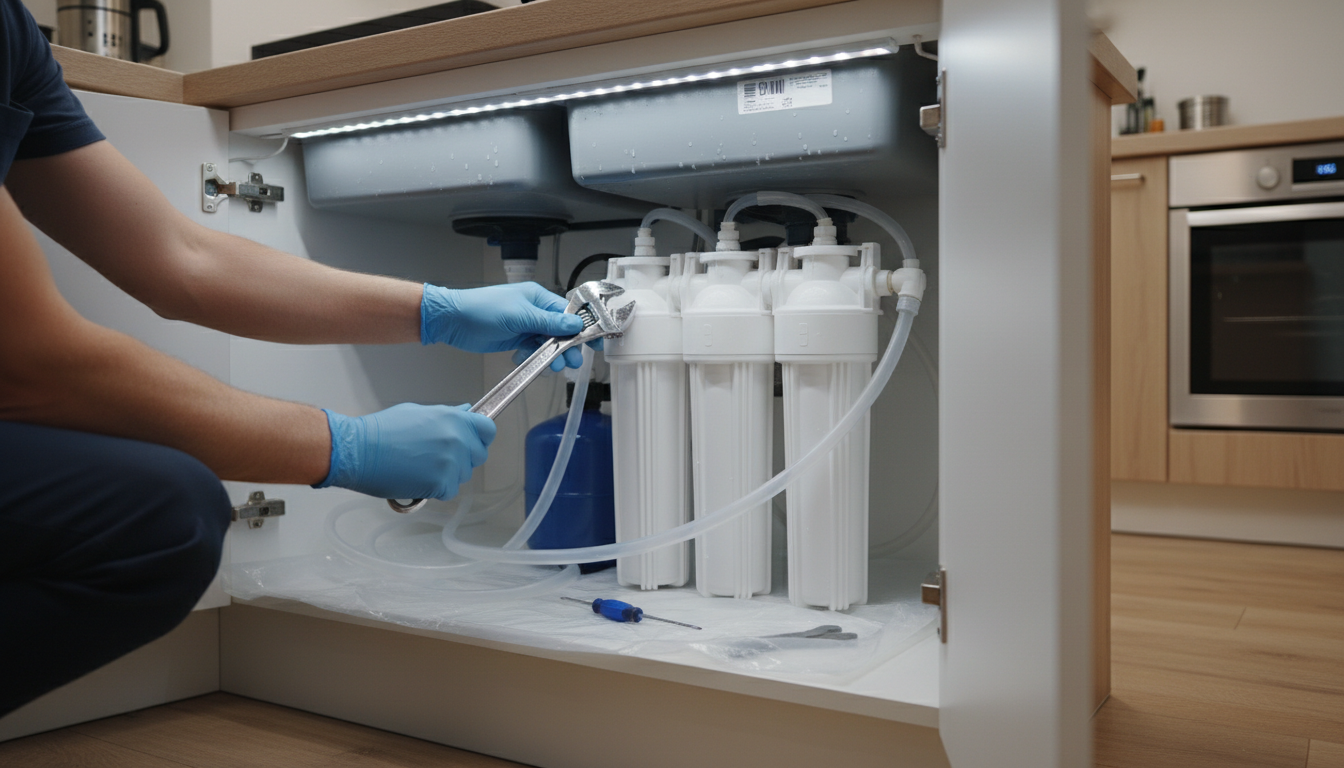 Water Filter Dubai Aqua Best water filter repair service - technician fixing reverse osmosis system under sink Dubai
